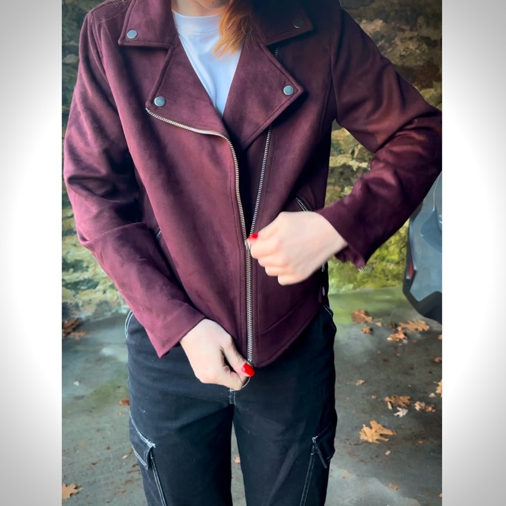 faux suede purple moto jacket silver snaps and zippers